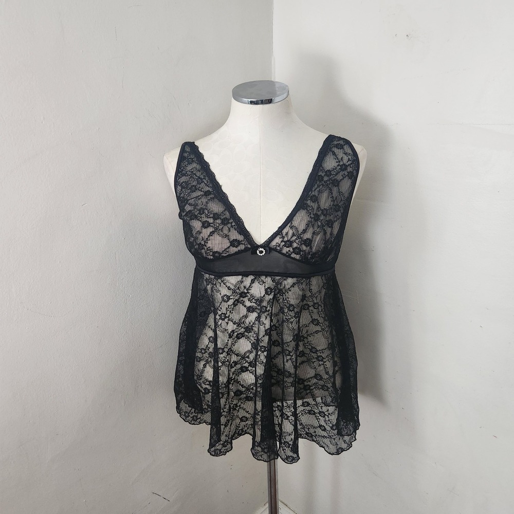 iCollection Black Floral Lace Babydoll Lingerie Top Rhinestone‎ Detail 1X